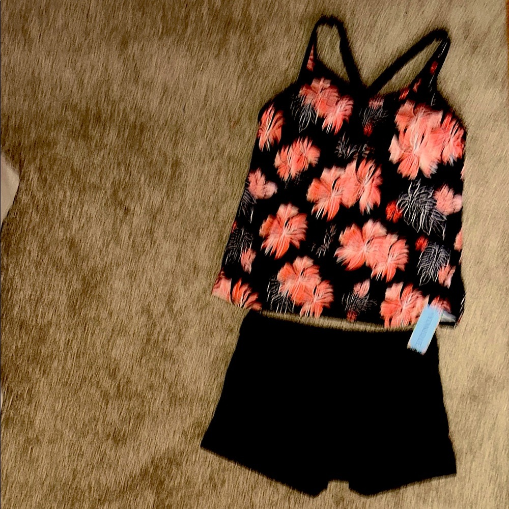 Younique Black and Coral Floral Print Tankini with Black shorts